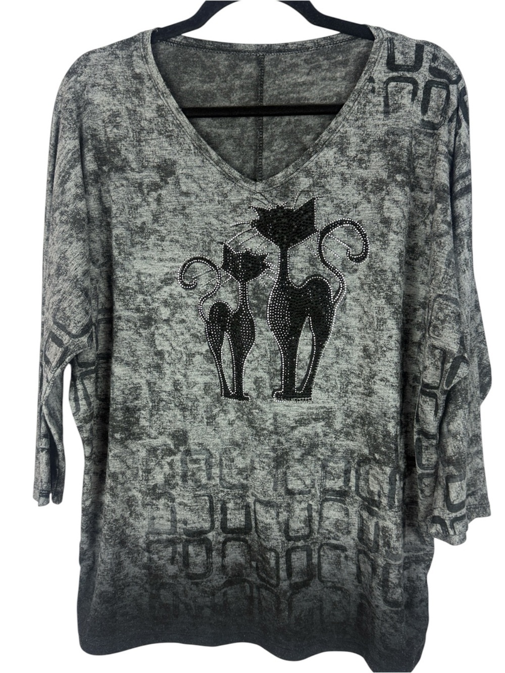 Cat Graphic Rhinestone Embellished Burnout V-Neck Top Black Gray 3/4 Sleeve